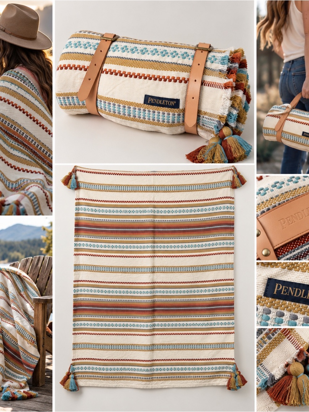 Pendleton Paloma Stripe Camel Cotton Jacquard Throw + Leather Carrier